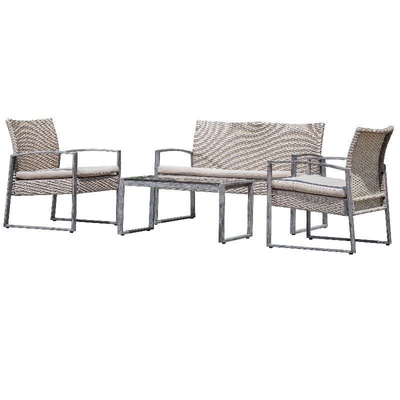 4 ชิ้นกลางแจ้งการสนทนาชุดลานสวนสระว่ายน้ำสนามหญ้าหวายหวายโซฟา Loveseat Cushioned ที่นั่งและกระจกด้านบนโต๊ะกาแฟชุดเฟอร์นิเจอร์