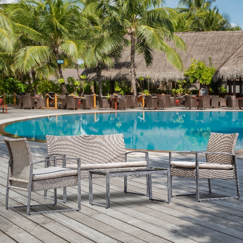 4 ชิ้นกลางแจ้งการสนทนาชุดลานสวนสระว่ายน้ำสนามหญ้าหวายหวายโซฟา Loveseat Cushioned ที่นั่งและกระจกด้านบนโต๊ะกาแฟชุดเฟอร์นิเจอร์