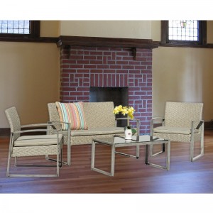 4 ชิ้นกลางแจ้งการสนทนาชุดลานสวนสระว่ายน้ำสนามหญ้าหวายหวายโซฟา Loveseat Cushioned ที่นั่งและกระจกด้านบนโต๊ะกาแฟชุดเฟอร์นิเจอร์