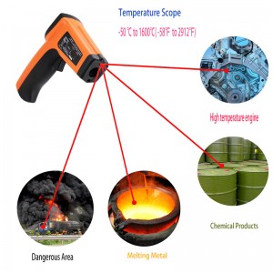 ปืนอุณหภูมิเลเซอร์ติดต่อเครื่องวัดอุณหภูมิอินฟราเรด Pyrometer -50 ~ 1600 Emissivity สามารถปรับได้