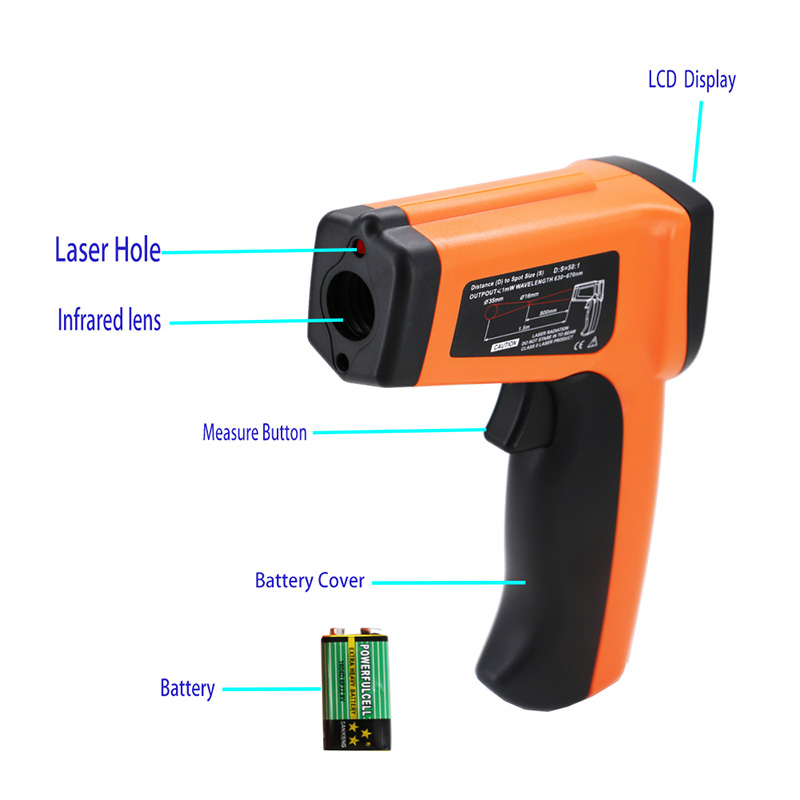 ปืนอุณหภูมิเลเซอร์ติดต่อเครื่องวัดอุณหภูมิอินฟราเรด Pyrometer -50 ~ 1600 Emissivity สามารถปรับได้