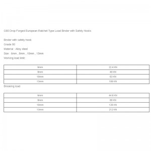 G80 Drop Forged European Ratchet ประเภทโหลด Binder พร้อมตะขอนิรภัย