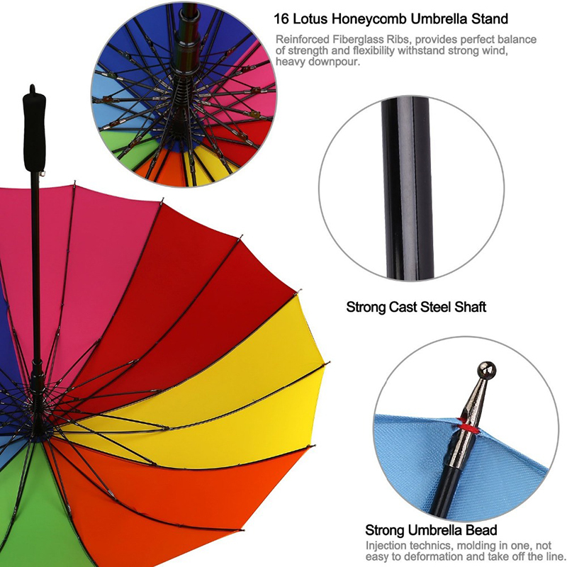 16 ซี่โครงอัตโนมัติเปิดโปรโมชั่นร่มกรอบสีรุ้งขนาดกะทัดรัดที่กำหนดเองร่มตรง
