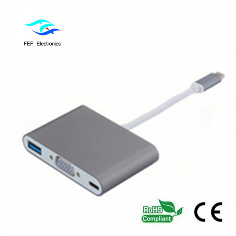 USB TYPE-C ถึง USB3.0 หญิง + VGA หญิง + PD สามในหนึ่งตัวแปลง ABS รหัสเชลล์: FEF - USBIC-007