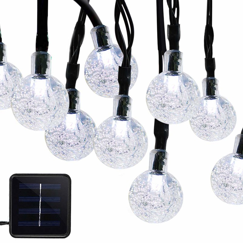 โคมไฟพลังงานแสงอาทิตย์สตริง 50 LED ฟองคริสตัลทรงกลม 7 เมตร / 23 ฟุต 8 โหมดคริสต์มาสนางฟ้าไฟเหมาะสำหรับกลางแจ้งคริสต์มาสภูมิทัศน์สวนลานครอบครัววันหยุดเส้นทางสนามหญ้าพรรคตกแต่งไฟสีขาว
