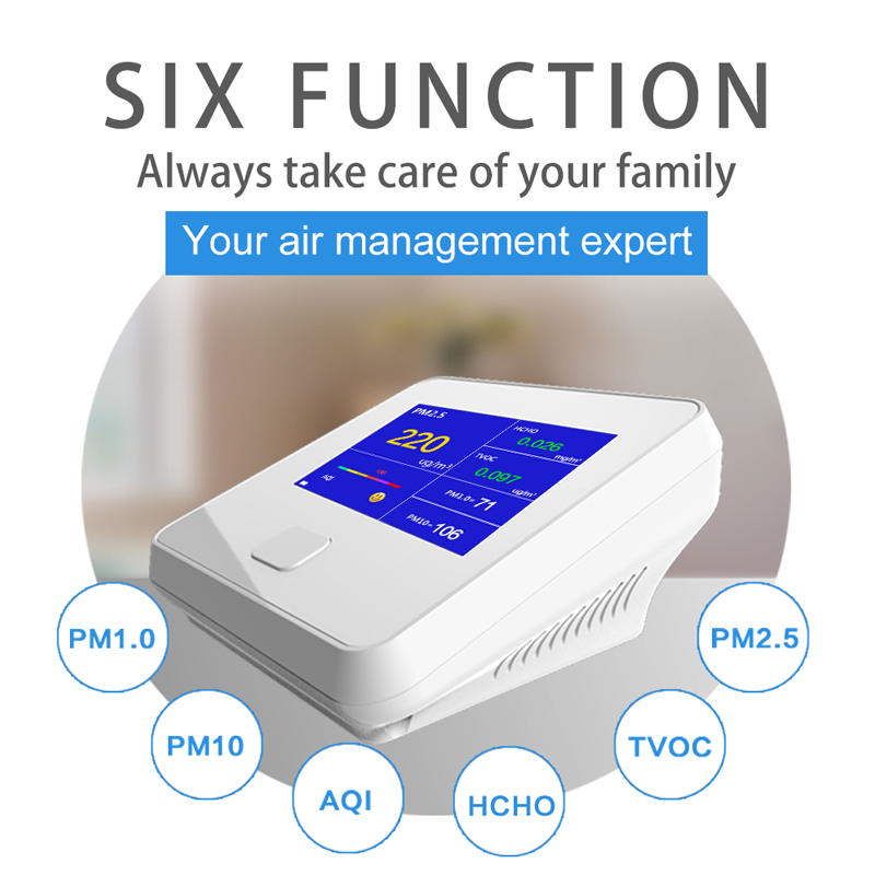 คุณภาพอากาศตรวจสอบในร่มกลางแจ้งดิจิตอล PM2.5 วิเคราะห์ก๊าซ TVOC HCHO AQI PM10 ทดสอบอากาศวิเคราะห์ด้วยแบตเตอรี่แบบชาร์จไฟ