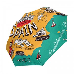 Windproof ที่กำหนดเองพิมพ์ pongee ผ้า 2 ส่วนซี่โครงไฟเบอร์กลาสอัตโนมัติ 3 พับร่ม