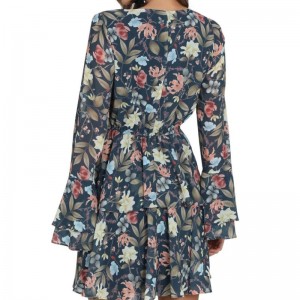 แขนกระดิ่งสำหรับผู้หญิงแฟชั่นการพิมพ์ชุดมินิ