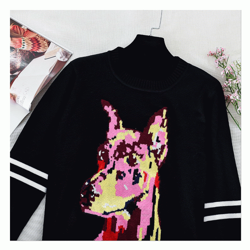 ล่าสุดฤดูใบไม้ร่วงฤดูหนาวแขนยาวหมาป่า Jacquard ผู้หญิงท็อปส์เสื้อกันหนาวเสื้อสวมหัว