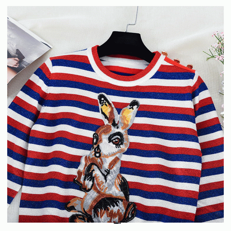 ผ้าฝ้าย 100% เสื้อกันหนาวลาย Jacquard กระต่ายแพทช์เสื้อถักผู้หญิง