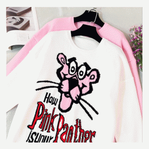 2019 ล่าสุดการออกแบบเสื้อกันหนาว Pink Panther ผู้หญิง Jacquard ถักชุดเสื้อกันหนาว