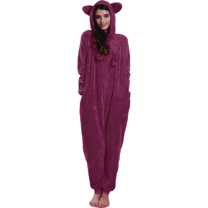 ชุดนอนผู้หญิง Onesie สีแดงคลุมด้วยหูสัตว์