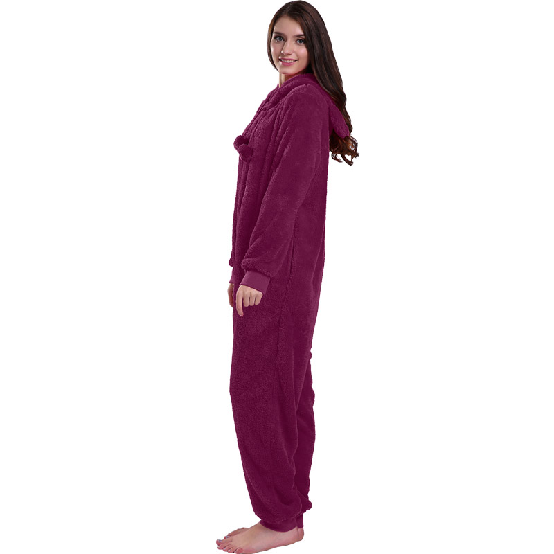 ชุดนอนผู้หญิง Onesie สีแดงคลุมด้วยหูสัตว์