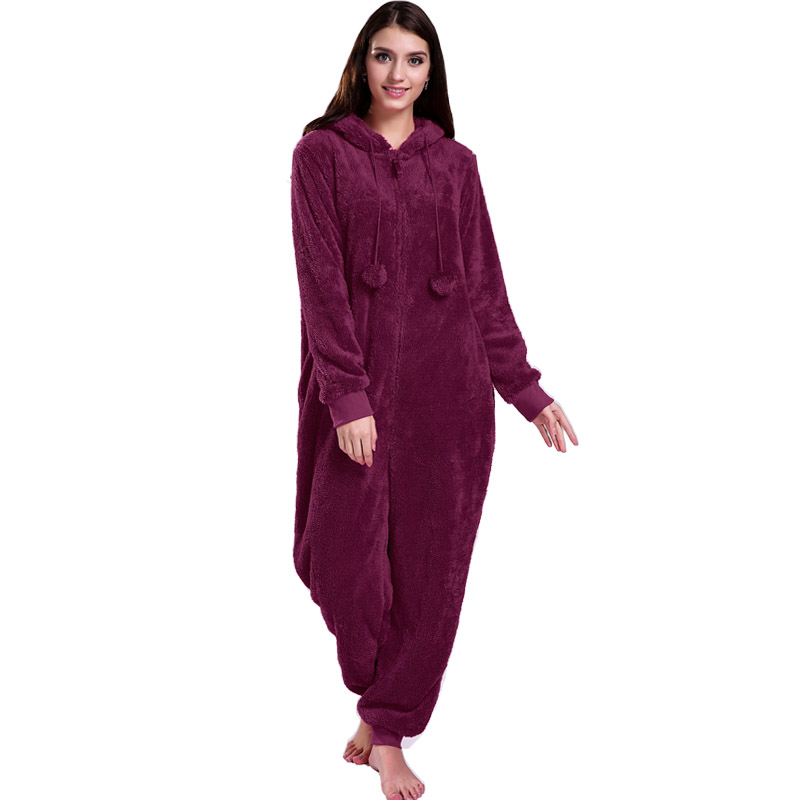 ชุดนอนผู้หญิง Onesie สีแดงคลุมด้วยหูสัตว์