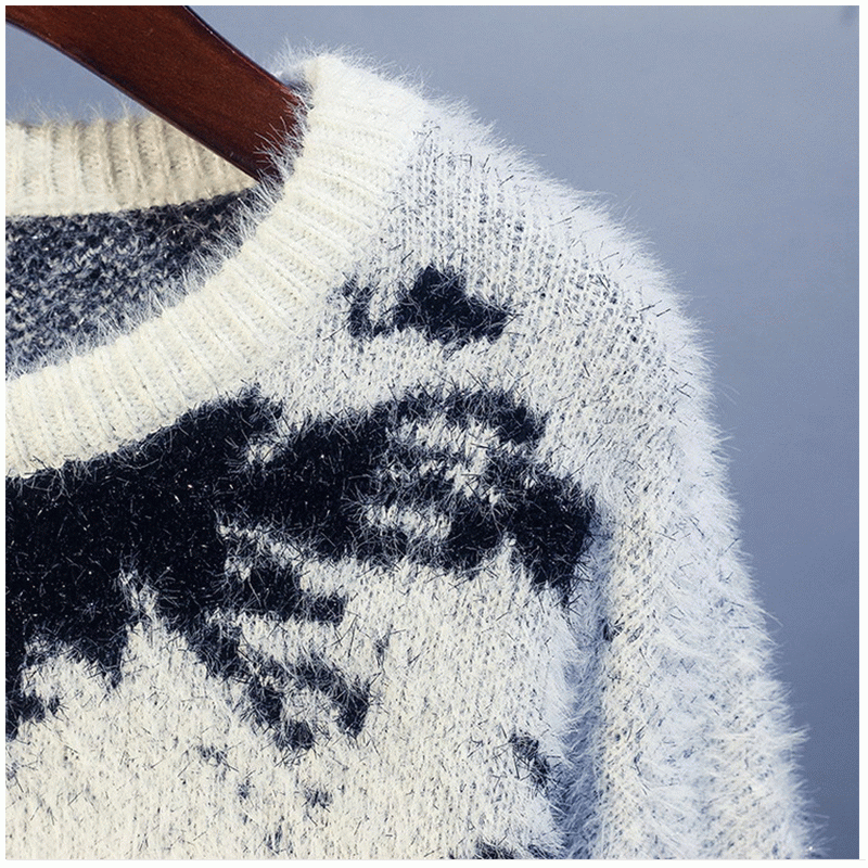 2019 ตัวยาวเลียนแบบขนมิงค์ขนสัตว์ Jacquard ยาวขนหลวมถักเสื้อกันหนาวเสื้อสวมหัว