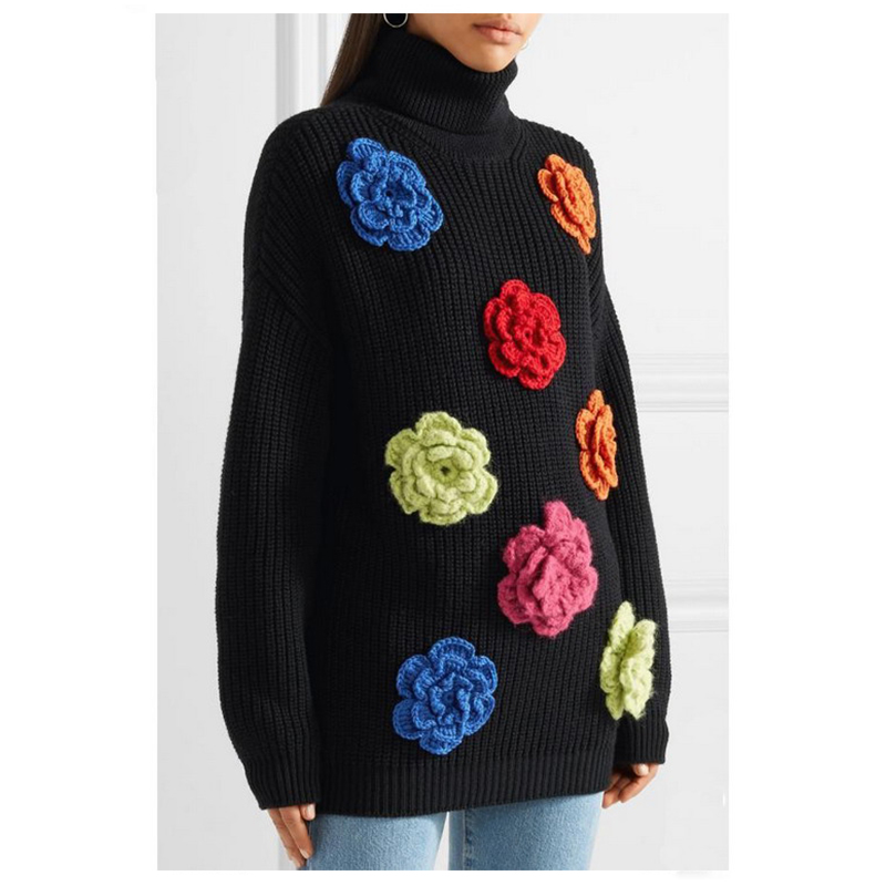 ทำด้วยผ้าขนสัตว์เต่าคอแฮนด์เมดดอกไม้ผู้หญิงเสื้อกันหนาวฤดูหนาวเสื้อสเวตเตอร์ Pullover