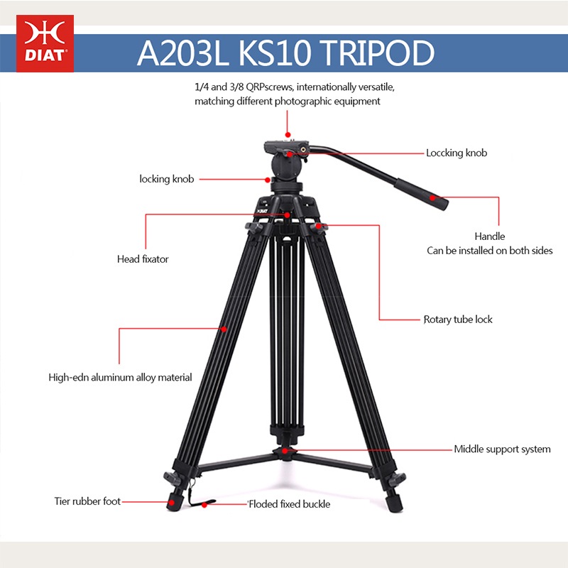 Diat A203L KS-10 อลูมิเนียมอัลลอยด์วิดีโอสนับสนุนขาตั้งกล้อง 1.8 เมตรสูง 3 ส่วน