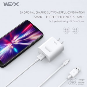 WEX - V50C 22.5W HUAWEI Superfast Charge power adapter, ที่ชาร์จติดผนัง, ที่ชาร์จแบบคู่พร้อมสาย 5A