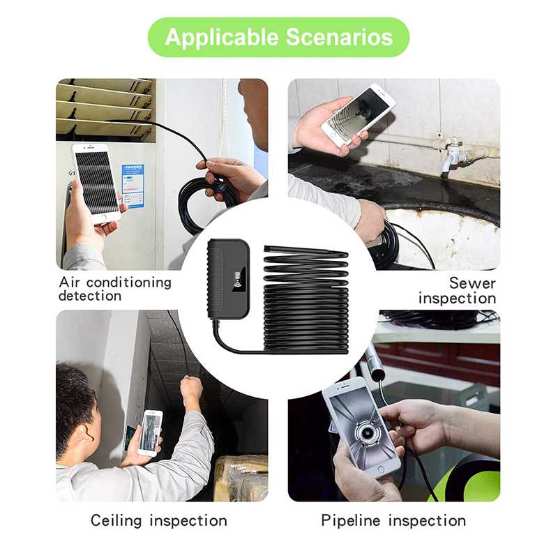 กล้องตรวจสอบ Borescope ไร้สาย, ความละเอียด 2 ล้าน HD, ความยาวโฟกัส 197 นิ้ว, แบตเตอรี่ 2,600 mAh, IP68 กันน้ำ 11.5ft