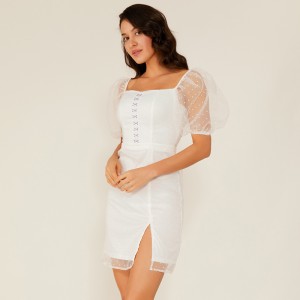 Oem ฤดูร้อนลูกไม้สีขาวชุดชีฟอง Dot สไตล์ Boho วินเทจชุดที่สง่างาม