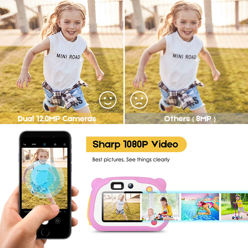 เด็กกล้อง 8.0MP แบบชาร์จดิจิตอลด้านหน้าและด้านหลัง Selfie กล้องกล้องเด็ก, ของเล่นของขวัญสำหรับ 4-10 ปีเด็กชายและเด็กหญิง