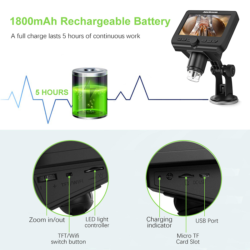 ไมโครสโคปแบบดิจิตอลไร้สายกำลังขยาย 1000 เท่าพร้อมหน้าจอ 4.3 นิ้ว 8 ไฟ Led สำหรับ iPhone Android Windows เด็กนักเรียนและชุดผู้ใหญ่