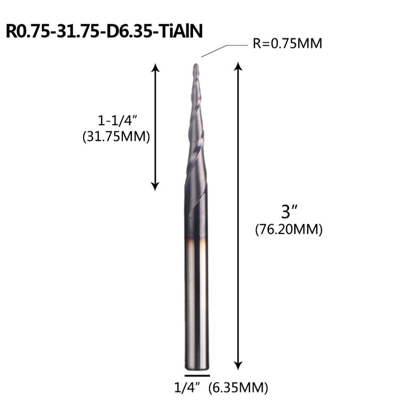 โรงงานปลายลูกเรียวเรียว 1/4 X 3 นิ้วกับ 0.75mm บอลจมูก 4.36 องศาสำหรับเครื่อง CNC แกะสลักแกะสลักบิต