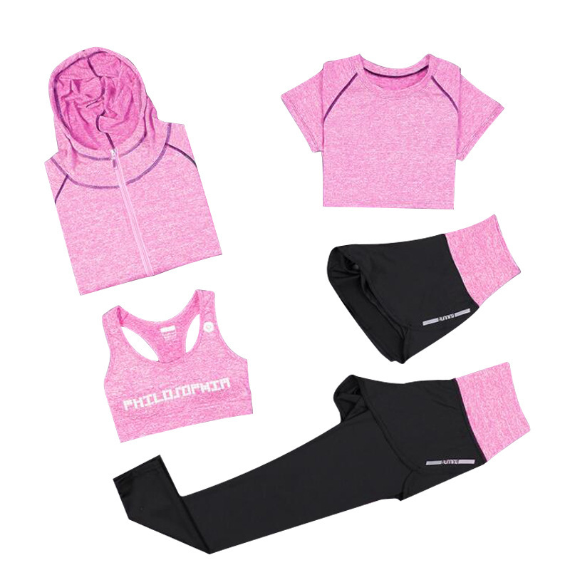 FDMF001- สตรี 5 ชิ้นชุดกีฬาออกกำลังกายโยคะวิ่งแข็งแรง T Racksuits