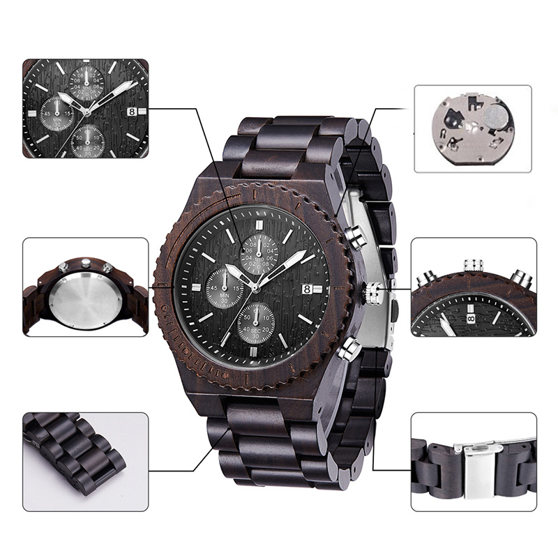 นาฬิกาไม้ชายโครโนกราฟสีดำมัลติฟังก์ชั่นเป็นมิตรกับสิ่งแวดล้อมนาฬิกาไม้ธรรมชาติ