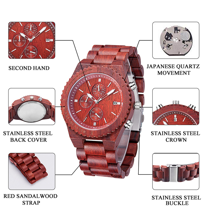 นาฬิกากันน้ำ Sandalwood สีแดงพร้อมแสดงวันที่นาฬิกาแฟชั่นควอตซ์