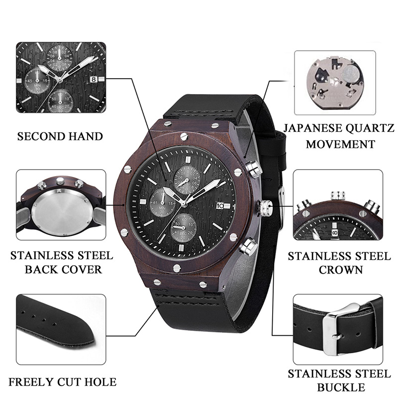 นาฬิกาข้อมือผู้ชาย Wood Watch Vintage Quartz Movement นาฬิกา