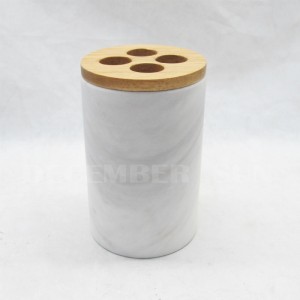 หินอ่อนสีขาวพร้อมชุดอุปกรณ์ห้องน้ำทำจากไม้