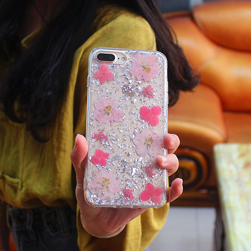 TPU + PC glittery หยดกาวเคสโทรศัพท์มือถือด้วยดอกไม้ภายในด้วยมือทำสำหรับ iPhone 6 Plus / 7 Plus / 8 Plus