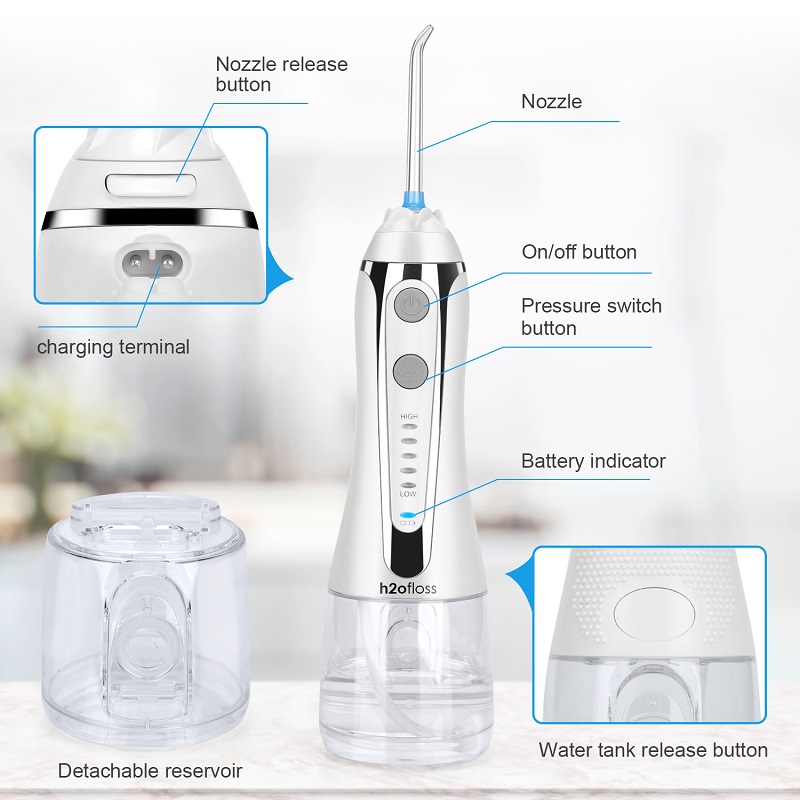 H2ofloss Water Flosser มืออาชีพไร้สายทันตกรรม Irrigator ปาก - แบบพกพาและชาร์จ IPX7 กันน้ำไหมขัดฟันสำหรับทำความสะอาดฟัน, อ่างเก็บน้ำ 300ml บ้านและการเดินทาง (HF-2)