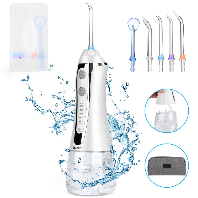 H2ofloss Water Flosser มืออาชีพไร้สายทันตกรรม Irrigator ปาก - แบบพกพาและชาร์จ IPX7 กันน้ำไหมขัดฟันสำหรับทำความสะอาดฟัน, อ่างเก็บน้ำ 300ml บ้านและการเดินทาง (HF-2)