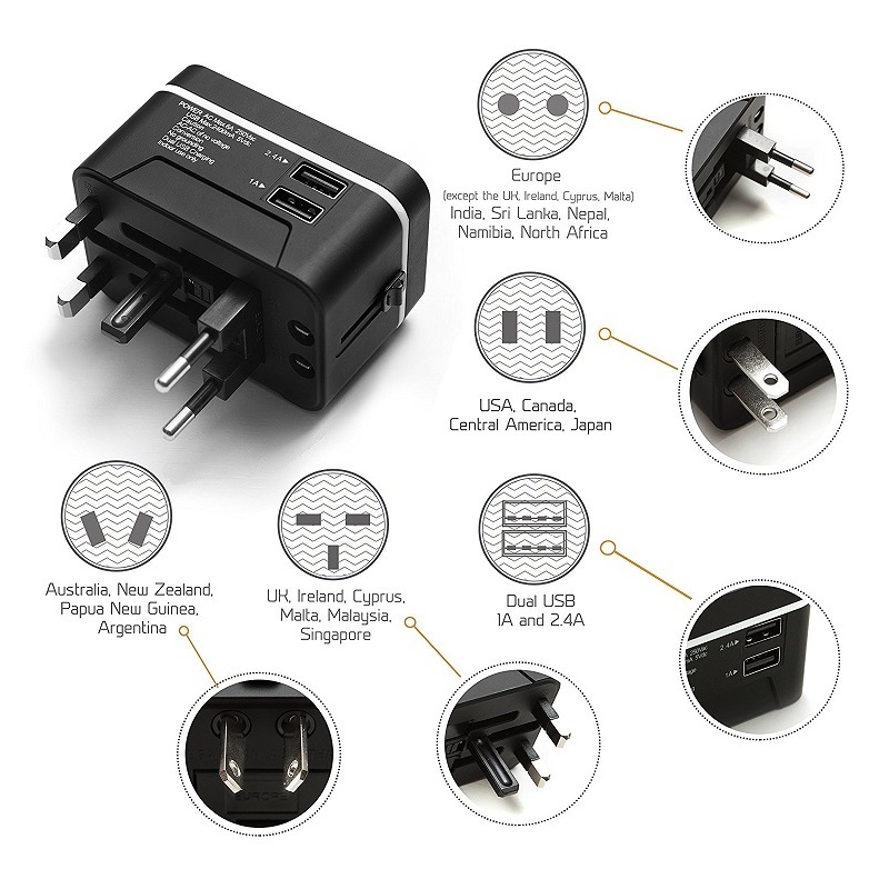 RRTRAVEL Travel Adapter, Universal International Power Adapter พร้อมพอร์ต USB 2 พอร์ตและปลั๊กต่อยุโรปเหมาะสำหรับแล็ปท็อปโทรศัพท์มือถือในกว่า 150 ประเทศ