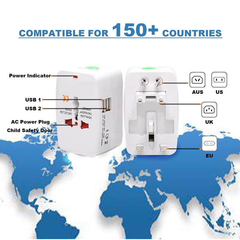 RRTRAVEL 931D ทั่วโลกอะแดปเตอร์ไฟฟ้า, อะแดปเตอร์สากลไฟ AC อะแดปเตอร์เสียบกับคู่พอร์ต USB สำหรับสหรัฐอเมริกาสหภาพยุโรปสหราชอาณาจักร AUS โทรศัพท์มือถือแล็ปท็อปครอบคลุม 150 + ประเทศ