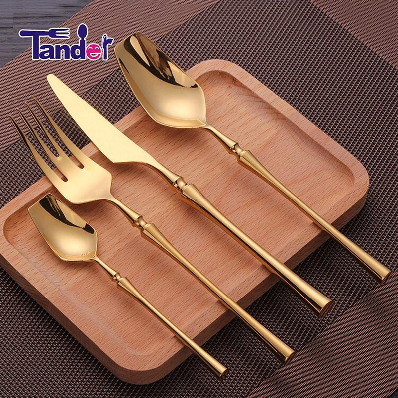 เอวบางสไตล์ pvd เคลือบชุดช้อนส้อมสแตนเลสเคลือบทองชุดช้อนส้อม 1 ผู้ซื้อ