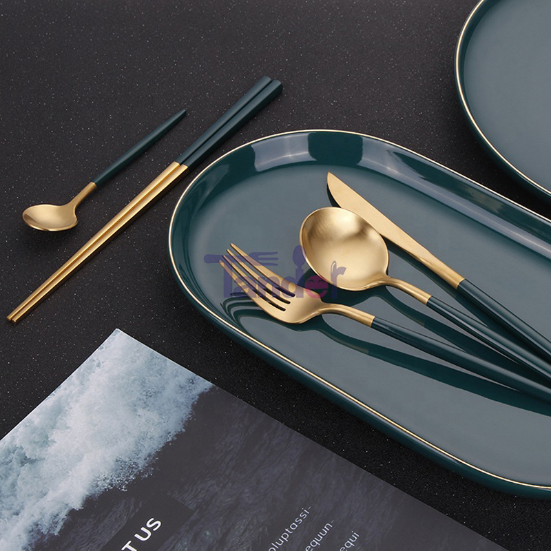 Green Handle Stainless Steel Wedding Full Restaurant Matte Gold Spoon Fork Knife Cutlery Set