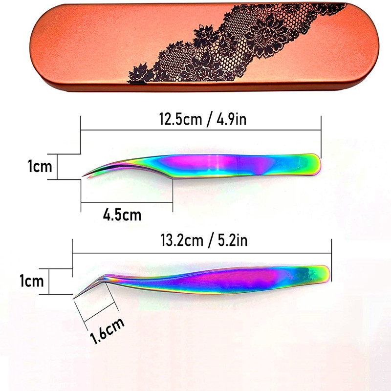 2 ชิ้นต่อขนตาแหนบชุด, สแตนเลสสายรุ้งพื้นผิวที่มีสีสัน 3D 4D 5D 6D มืออาชีพขนตาขยายปริมาณรูปร่างโค้งปากคีบ Pickers ด้วยลูกไม้ aluminuim กล่องกรณี
