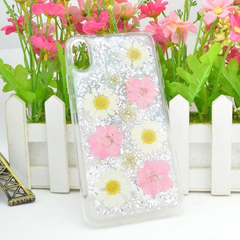 iPhone ของผู้ผลิตโดยตรงกับฟอยล์สีทองหล่นกาวดอกไม้จริงดอกไม้แห้งนูนแอปเปิ้ล TPU กรณีแตกโปร่งใส