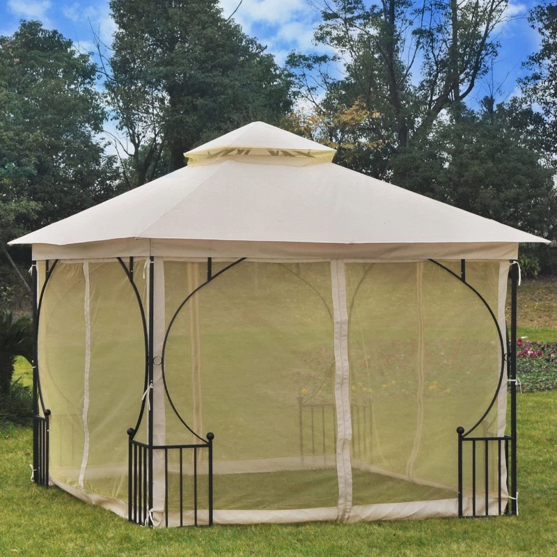 หลังคาศาลาการ์เด้นกลางแจ้งขนาด 10 'x 10' พร้อมตาข่ายตาข่ายผนังและหลังคาที่ทนต่อรังสี UV