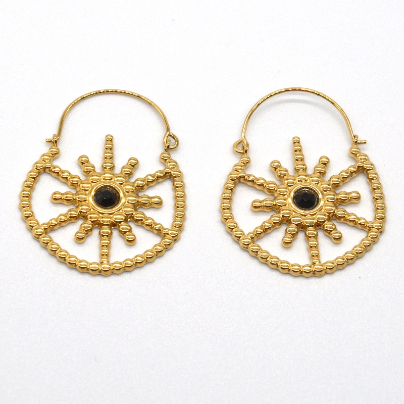 เครื่องประดับชุบทองสตรีสไตล์โบฮีเมียนวินเทจดอกไม้สีดำโมราต่างหูจีนโรงงานแปรรูปเครื่องประดับ Ruifanbao