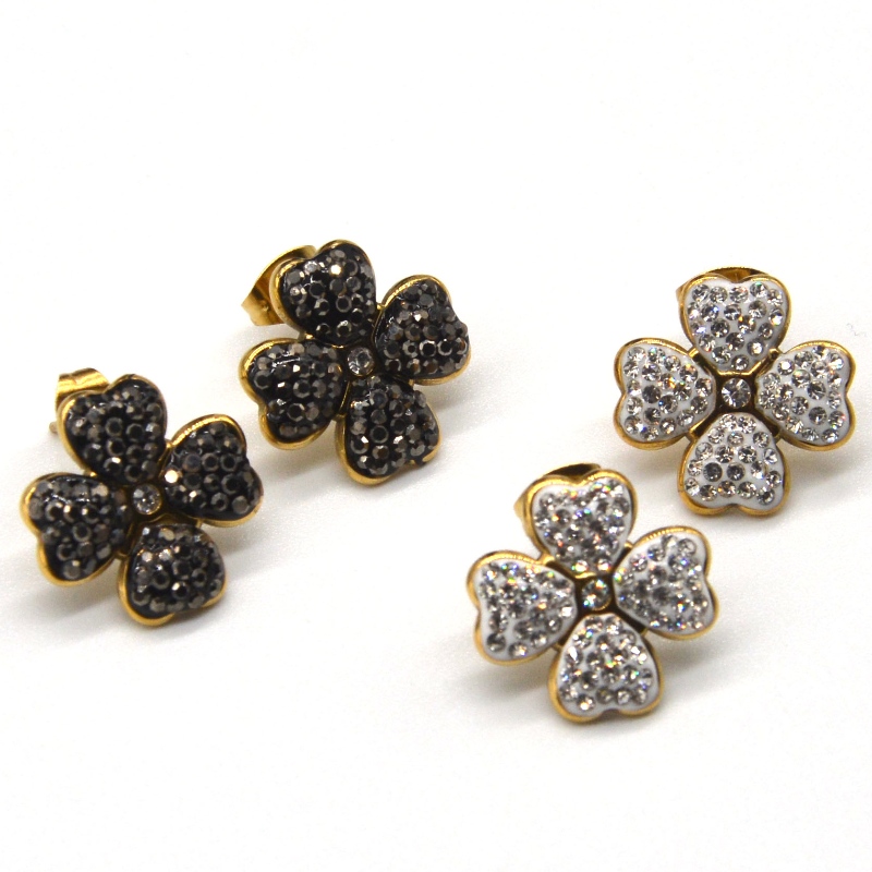 ต่างหูโคลเวอร์สี่ใบเหมาะสำหรับเด็กผู้หญิงและผู้หญิงรักต่างหูสีดำ \/ ขาวรูปหัวใจจีนโรงงานแปรรูปเครื่องประดับ Ruifanbao