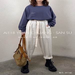 กางเกงผ้าฝ้ายผ้าลินินสไตล์ 11768 ที่กําหนดเองแฟชั่นกางเกงหลวมกับเข็มขัดโพลีเอสเตอร์