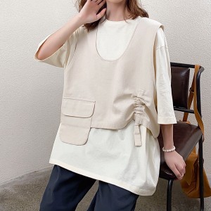 ดีไซน์หลวมสไตล์ปกรอบเรียบสไตล์แขนเย็บสไตล์ลำลองผ้าฝ้ายสีทึบและผ้าลินินโอเวอร์ไซส์คัสตอม 19527 เสื้อยืด + เสื้อกั๊ก