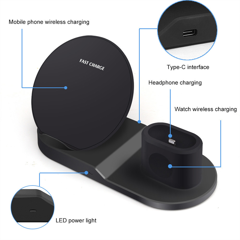 3 in 1 Qi ชาร์จไร้สายนาฬิกาชาร์จไร้สายยืนสถานีชาร์จไร้สายชาร์จสถานีสำหรับ iPhone