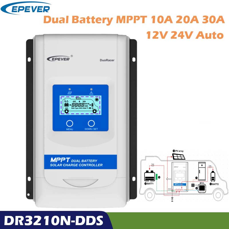 EPIVER DUORACER MPPT 10A 20A 30A ชาร์จพลังงานแสงอาทิตย์และควบคุม Discharger 12 โวลต์ 24 โวลต์อัตโนมัติแบตเตอรี่คู่ Regulator สำหรับ RV Camper เรือ