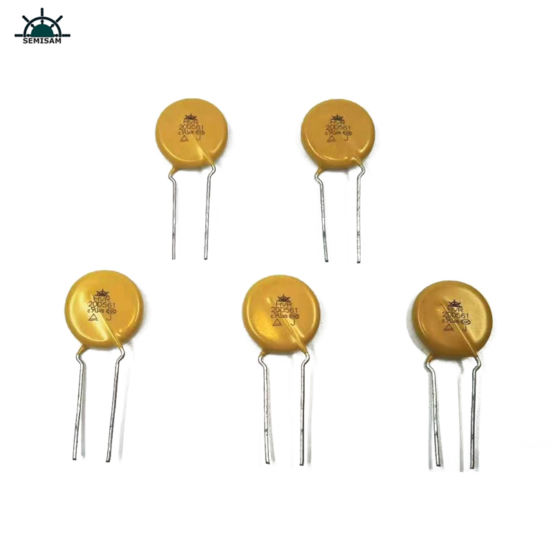 ประเทศจีนส่วนประกอบอิเล็กทรอนิกส์ ODM, Yellow Mov 20mm HVR20D561K Varistor สังกะสีออกไซด์สำหรับเครื่องใช้ในครัวเรือน