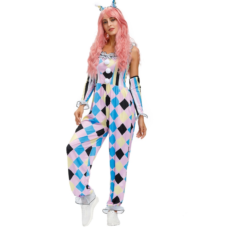 เครื่องแต่งกายตัวตลก Carnival Circus Jumpsuit ถุงมือ 3 ชิ้นชุด